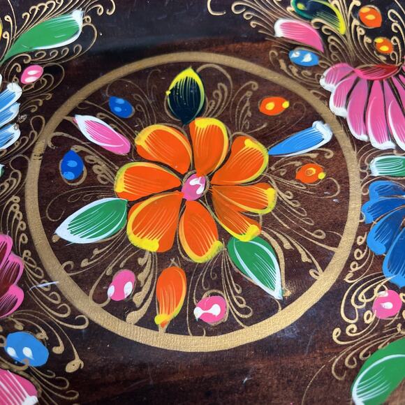 Vintage Mexican Batea Tray – Hand-Painted Wood Folk Art  Floral Serving Dish VTG - Picture 5 of 14